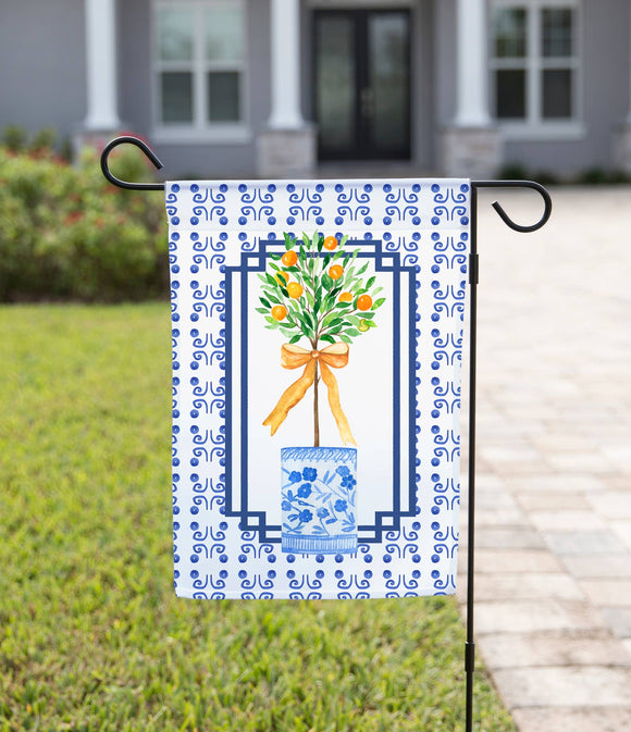 Blue and White Orange Tree Garden Flag