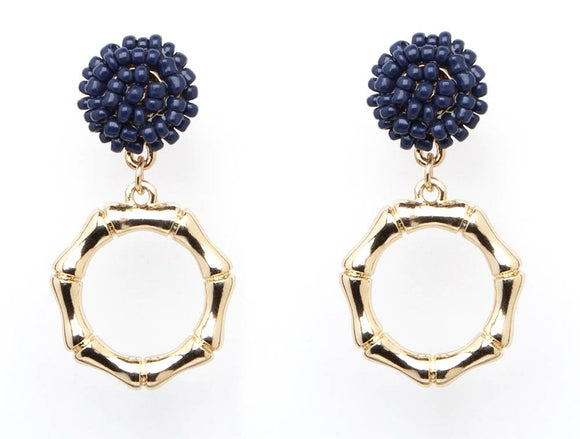 Navy Seed Bead and Gold Bamboo Earrings