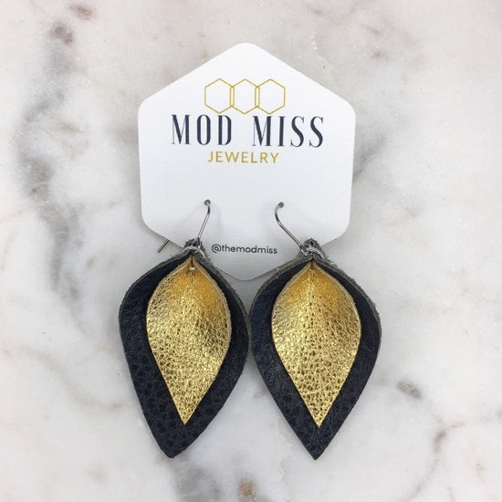 Metallic Gold and Black Stacked Petal Leather Earrings
