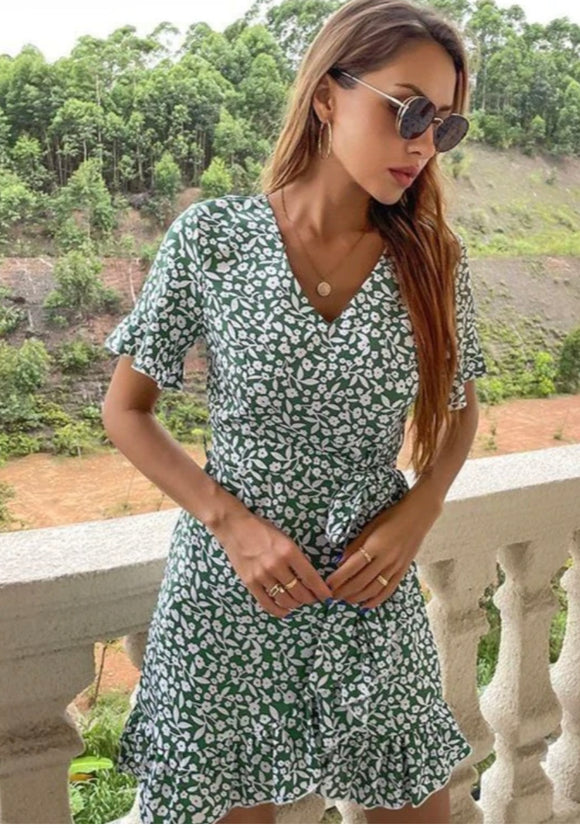 Floral Ruffle Hem Wrap Dress